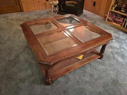 Glass Top Caned Bottom Coffee Table