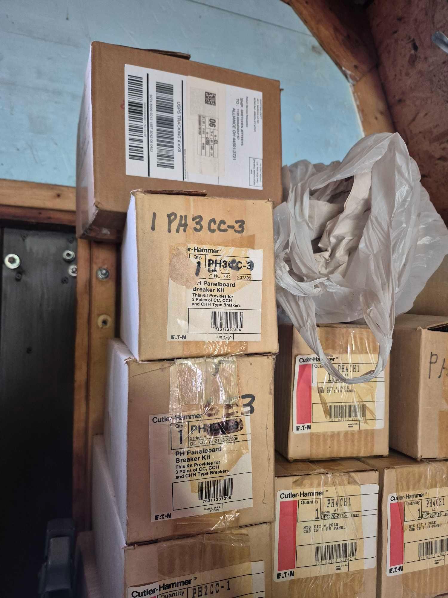 Top Shelf Contents - Cutler-Hammer Eaton Electrical Panels, Breaker Kit, & Other Related Hardware