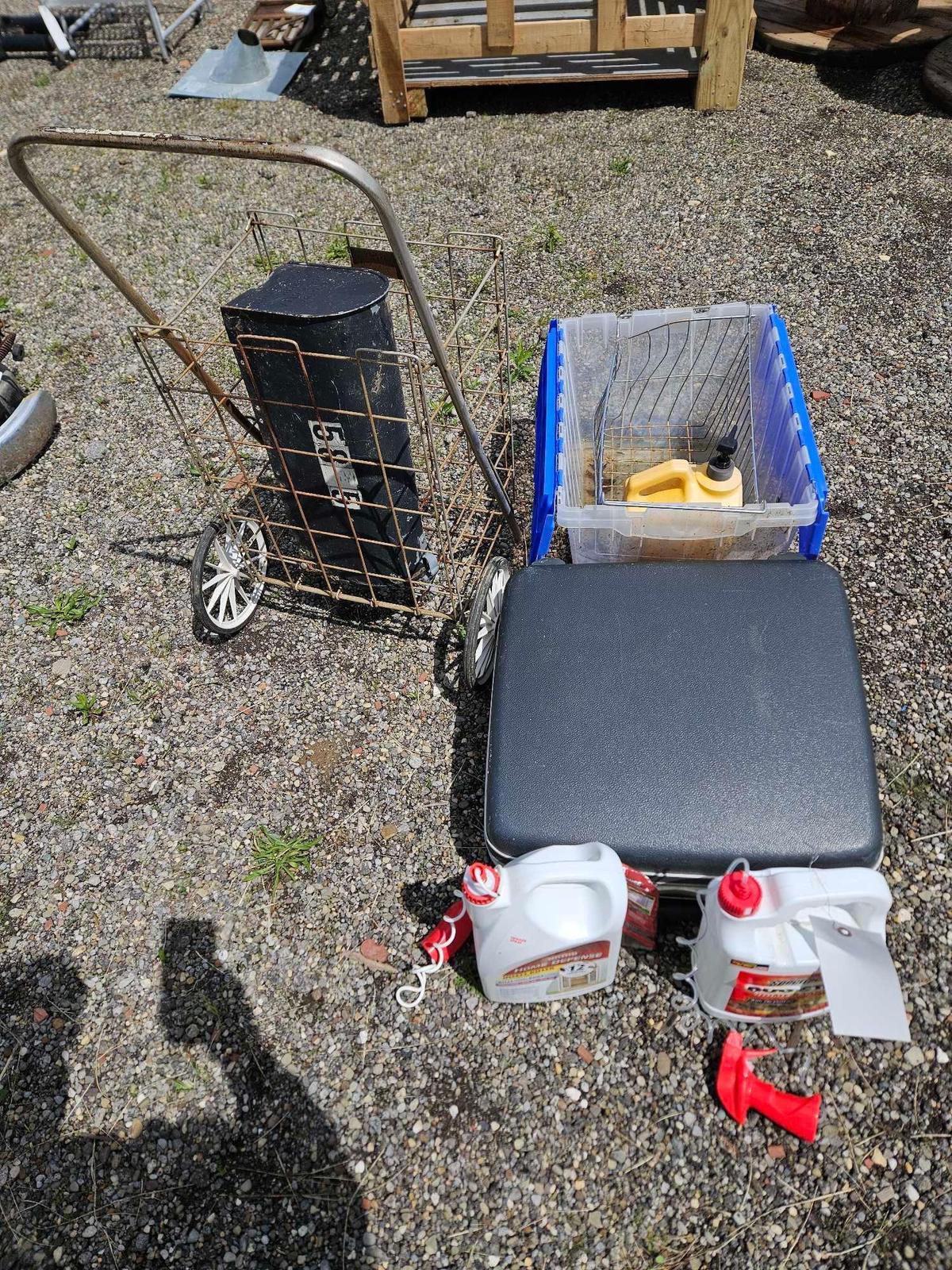 Mailbox, bug spray, cart