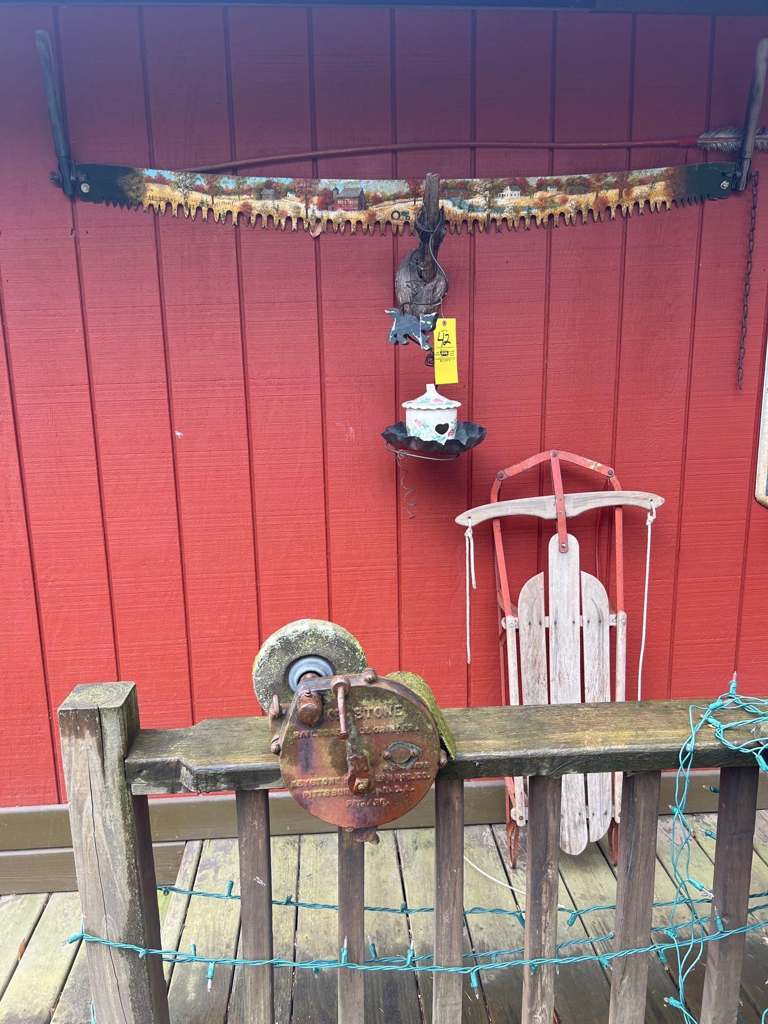 Painted Farm Scene 2 Man Saw, Keystone Grinder, Sled