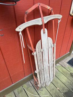 Painted Farm Scene 2 Man Saw, Keystone Grinder, Sled