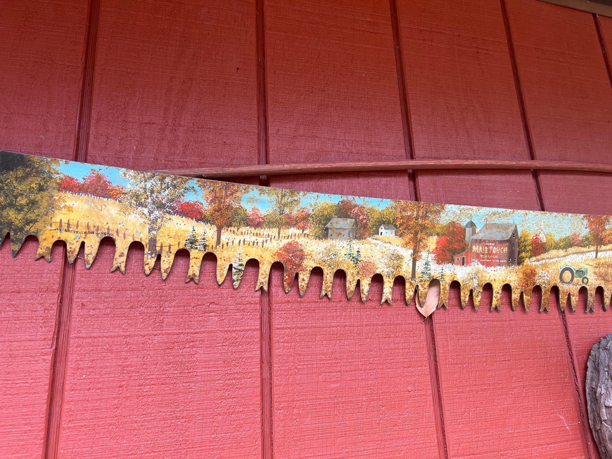 Painted Farm Scene 2 Man Saw, Keystone Grinder, Sled