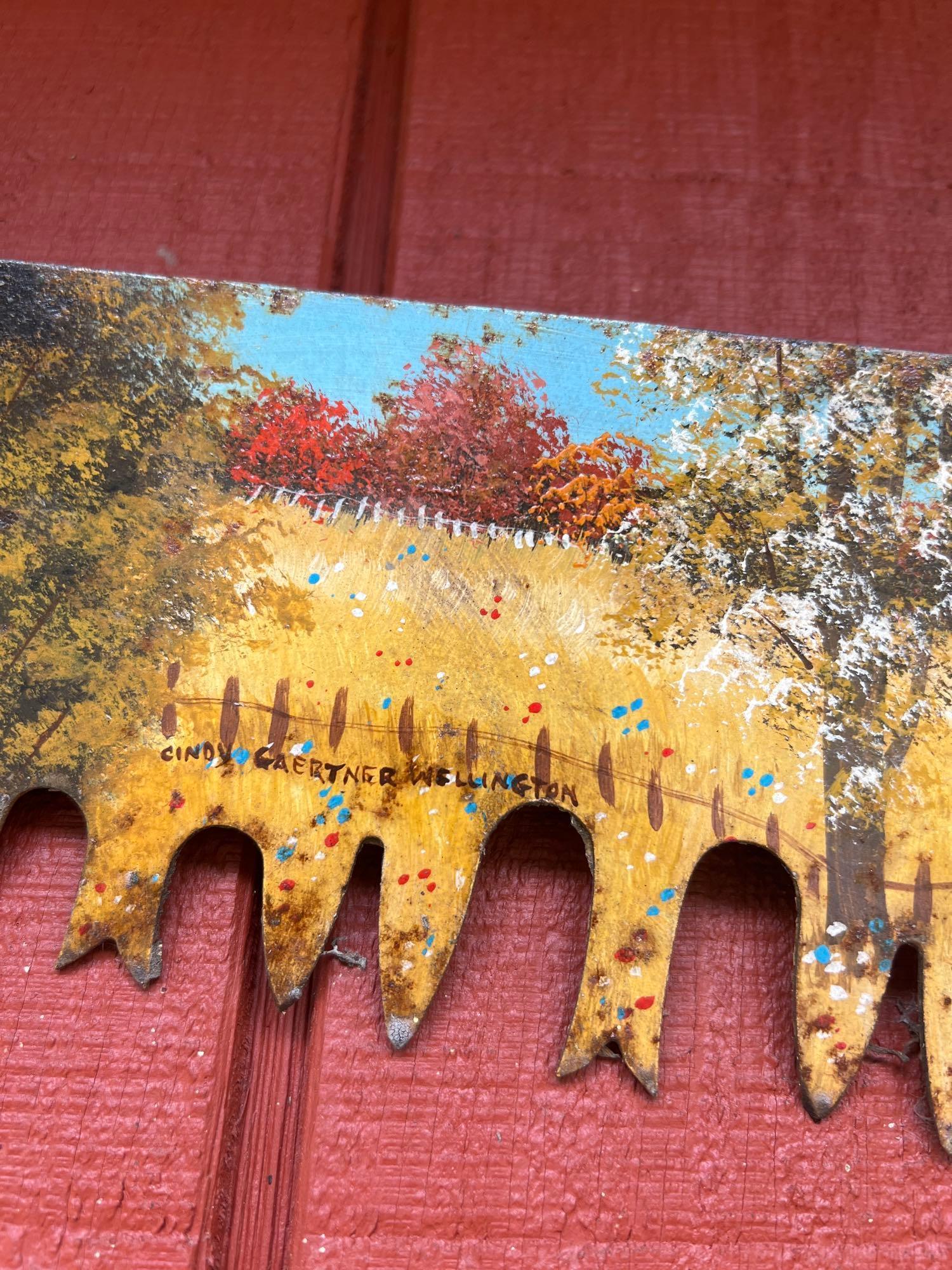 Painted Farm Scene 2 Man Saw, Keystone Grinder, Sled