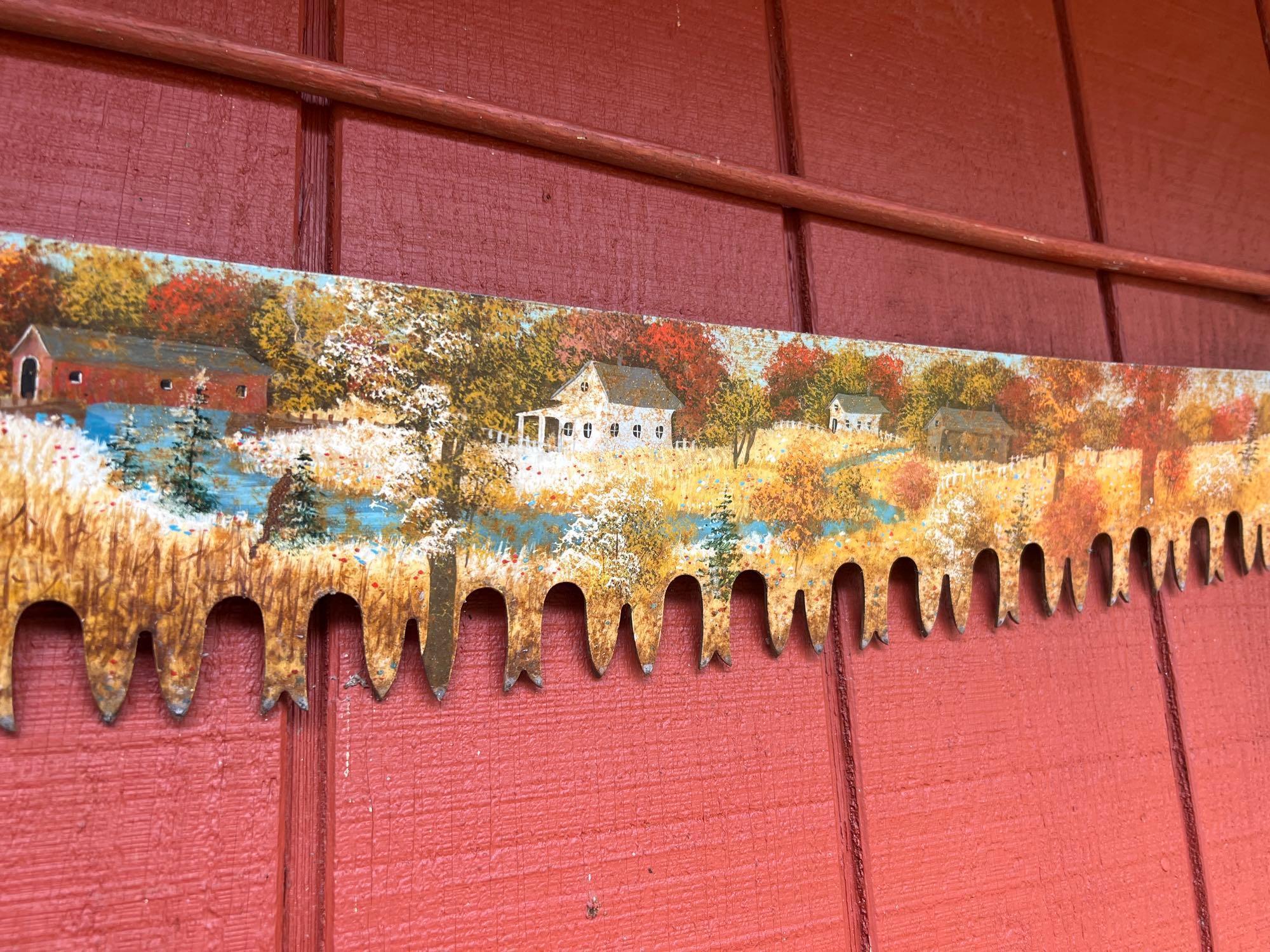 Painted Farm Scene 2 Man Saw, Keystone Grinder, Sled
