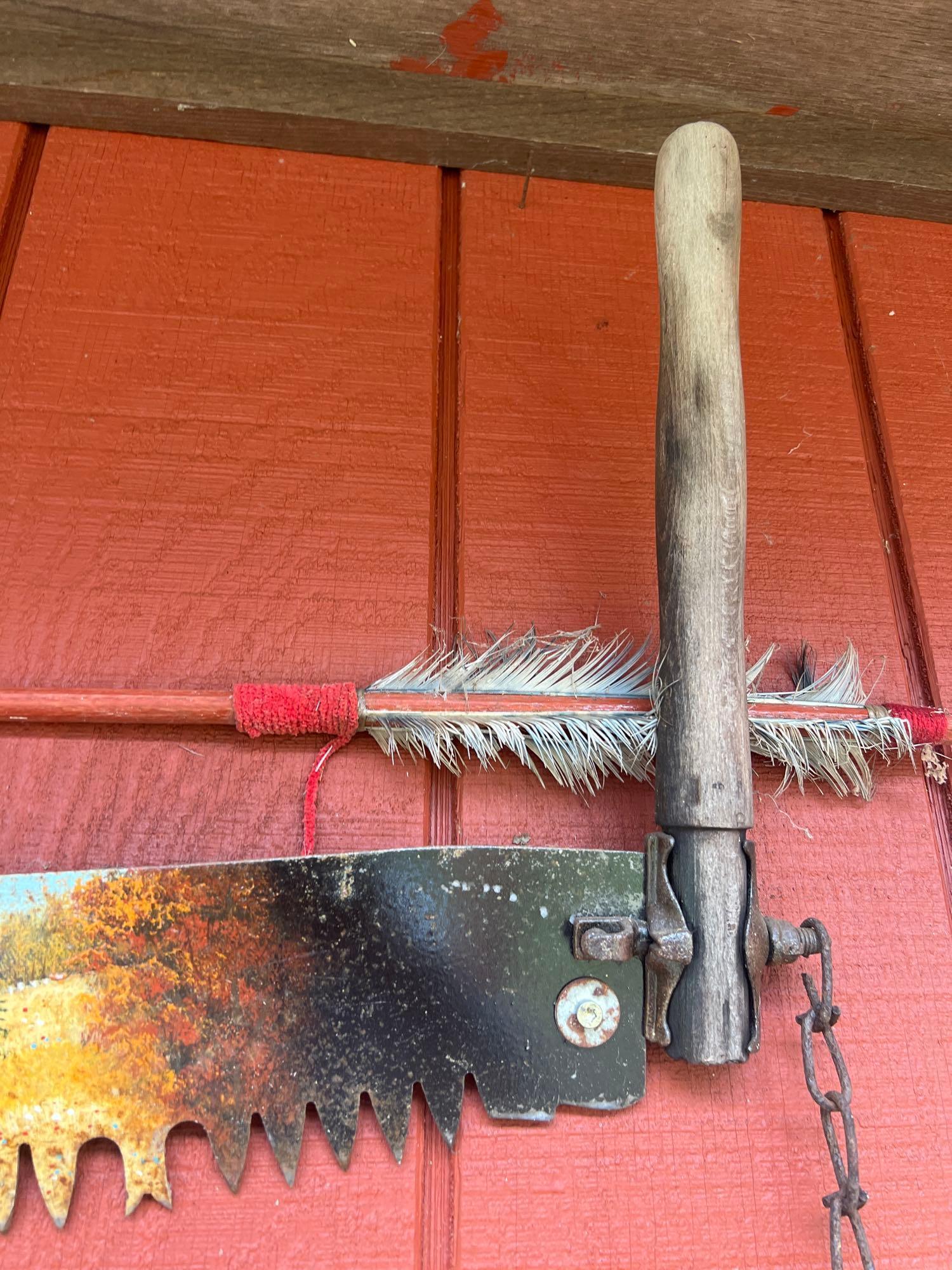 Painted Farm Scene 2 Man Saw, Keystone Grinder, Sled