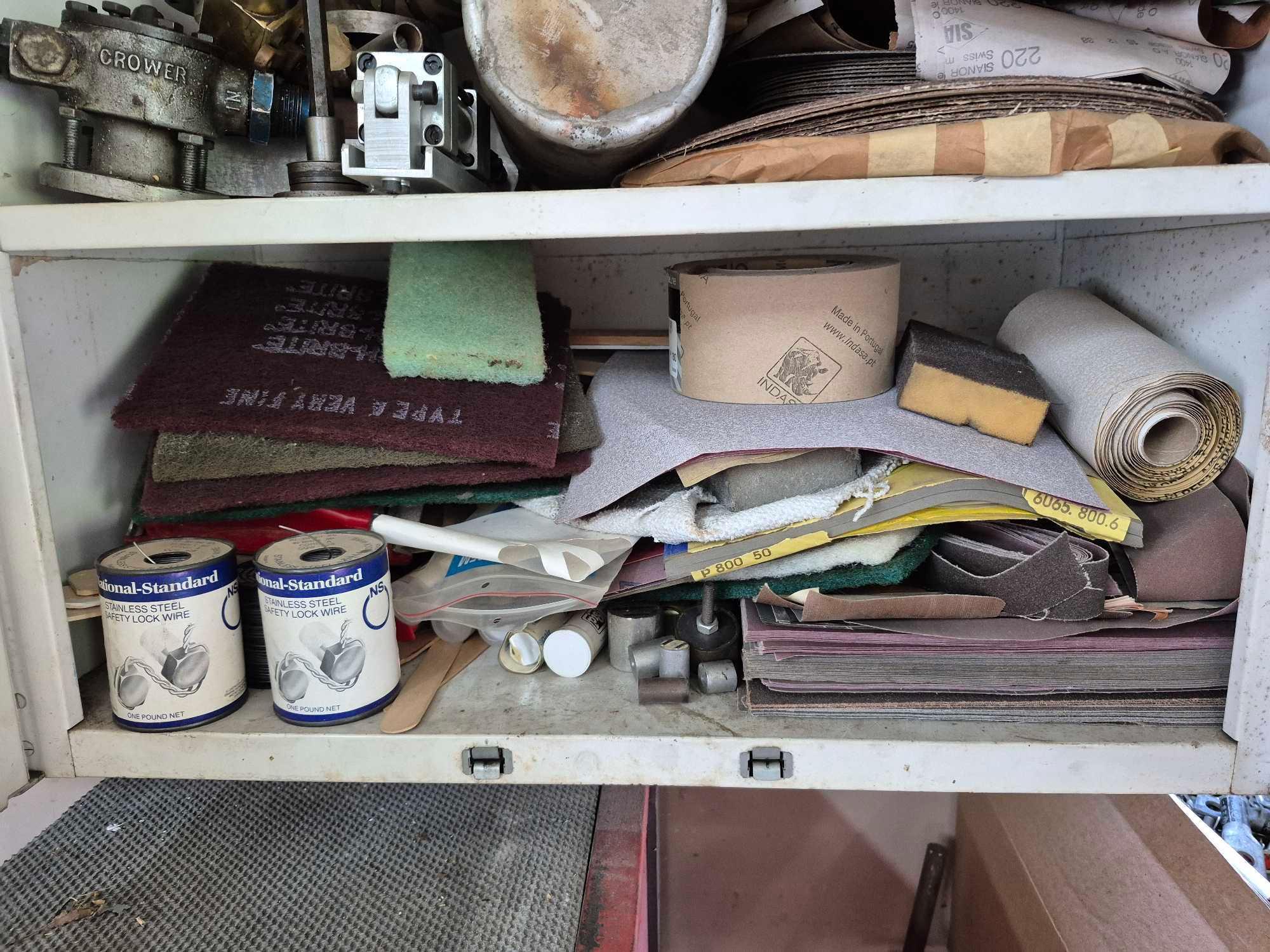 Work Glove Assortment & Cabinet Contents - Hardware, Sanding Discs, Abrasive Pads, Tap Magic, & more