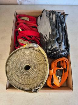 Box of Ratchet Straps & Work Gloves