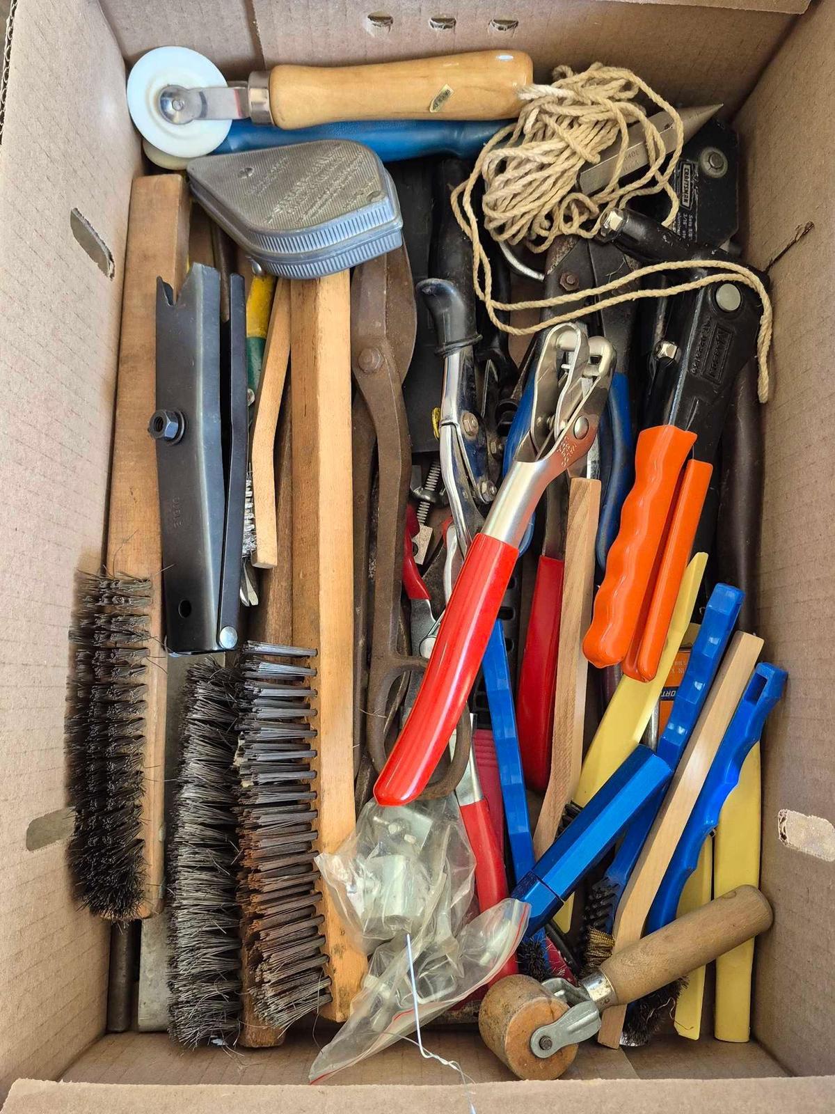 Box of Tin Snips, Brushes, & Rivet Tools