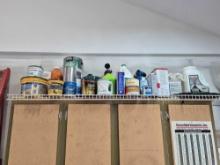 Contents of Shelf Above Garage Door - Patching Compound, Paints, Sprays, Toolbag, Oil Tubs, Funnels