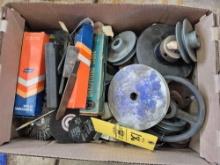 Box of Assorted Grinding Discs, Belt Pullies, & Sharpening Stones