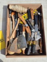 Box of Assorted Scrapers, Putty Knives, & Wood Chisels