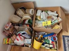 4 Boxes of Assorted Kitchen Towels, Tupperware, Office Supplies, & Other Kitchen Items