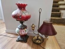 Vintage Red Hurricane Table Lamp & Vintage Student Lamp