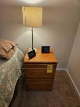 Small Wooden 2 Tier File Cabinet, 2 Protector Alarm Clocks, & Table Lamp