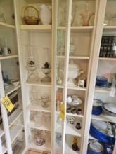 Contents of 2 Cabinets - Oil Lamps, Punch Bowl Set, Glassware, & China