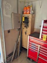 Vintage Metal Upright Cabinet, Metal Piping/Brake Lines, & Contents of Cabinet - Sprays, Cleaners, &