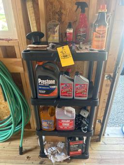 2 standing 4ft plastic storage shelves and contents