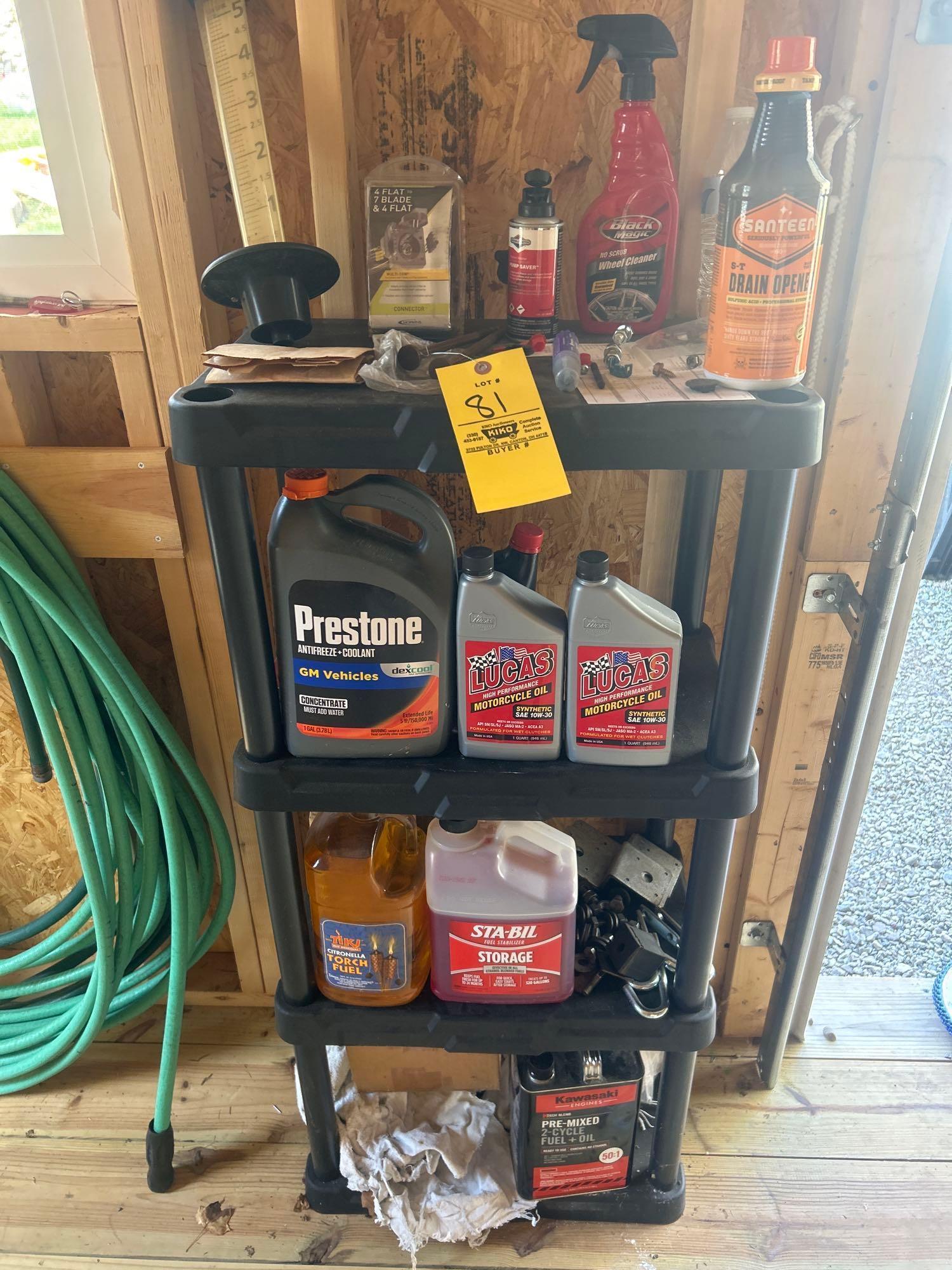 2 standing 4ft plastic storage shelves and contents