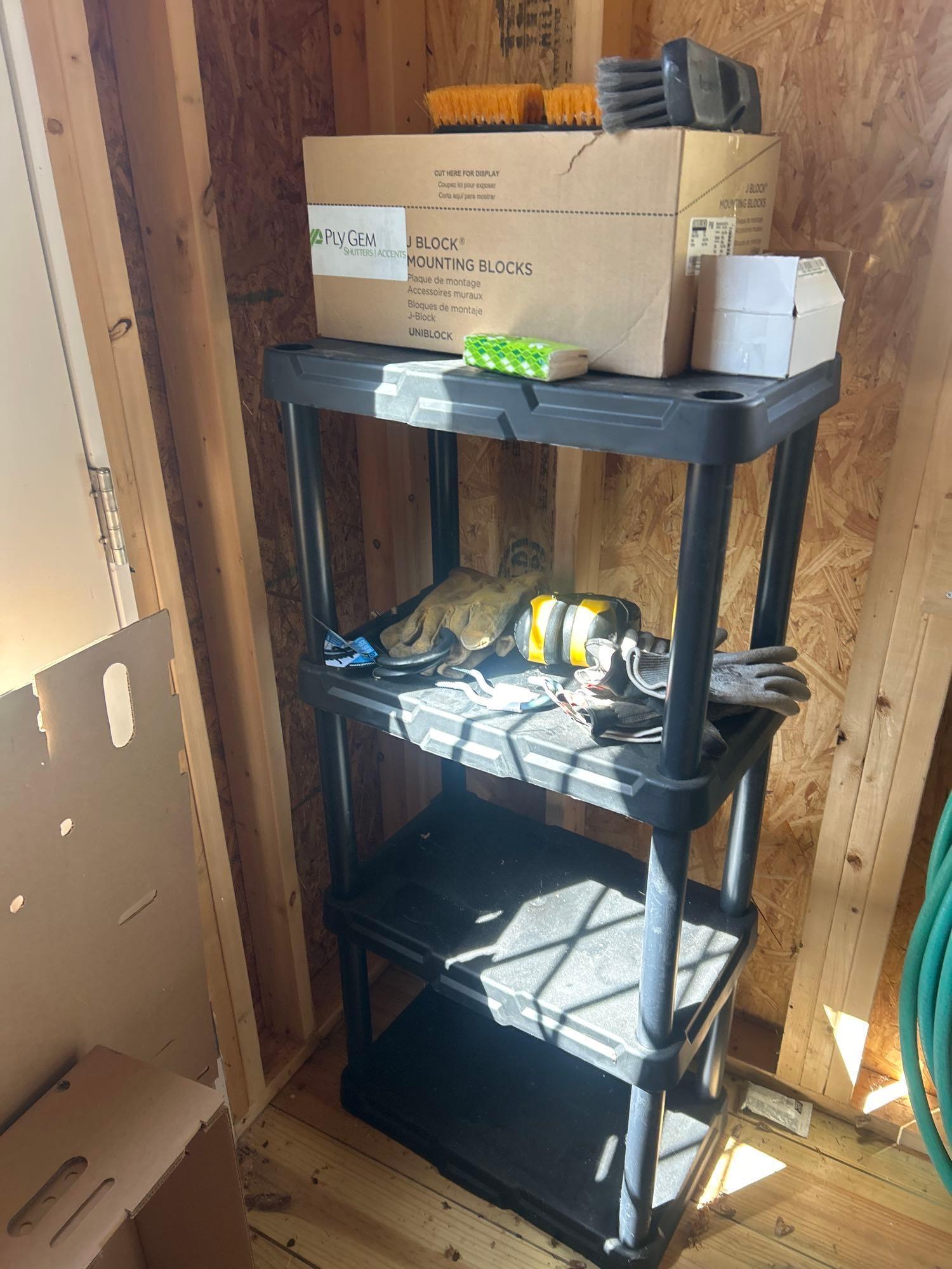 2 standing 4ft plastic storage shelves and contents