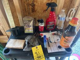 2 standing 4ft plastic storage shelves and contents