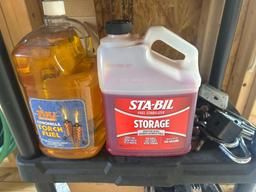2 standing 4ft plastic storage shelves and contents