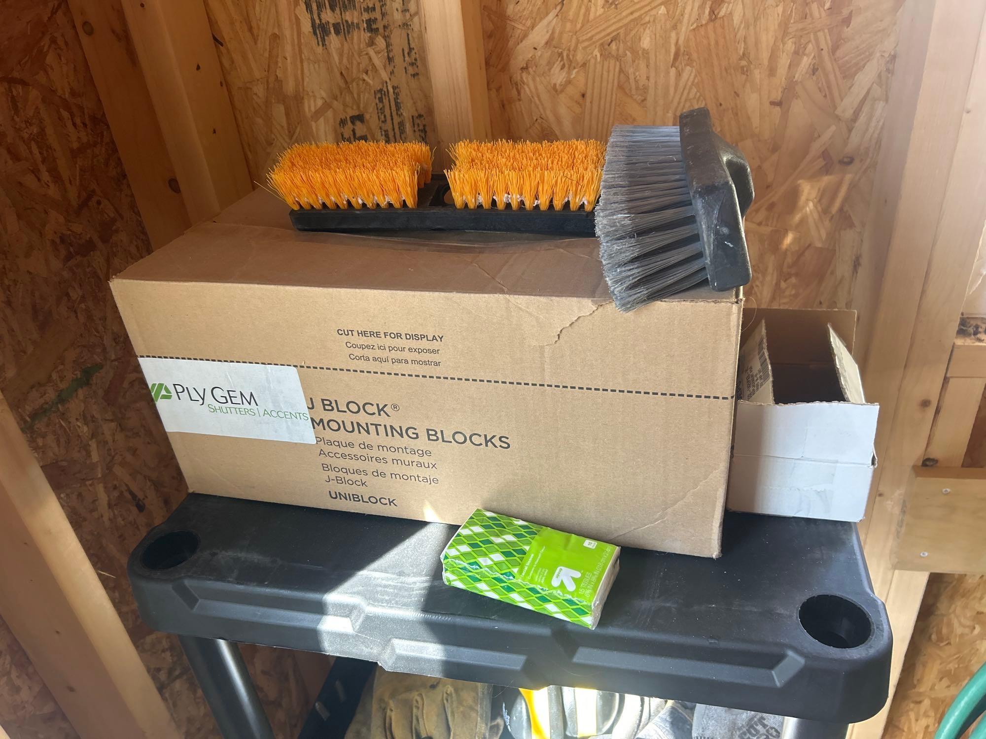 2 standing 4ft plastic storage shelves and contents