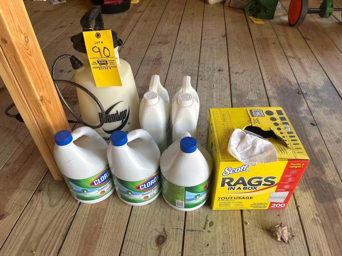 Scott rags in a box, 3 gallons of outside bleach, 2 containers of Jomax house cleaner, Heavy duty