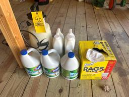 Scott rags in a box, 3 gallons of outside bleach, 2 containers of Jomax house cleaner, Heavy duty