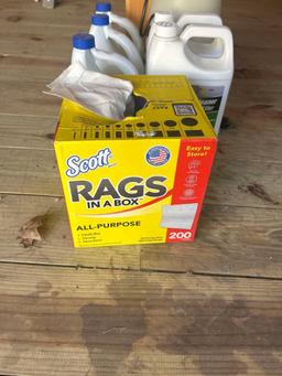 Scott rags in a box, 3 gallons of outside bleach, 2 containers of Jomax house cleaner, Heavy duty