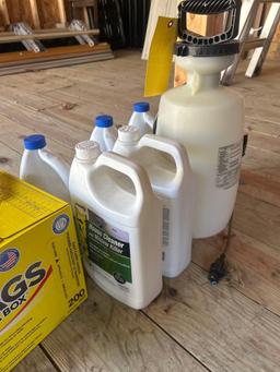 Scott rags in a box, 3 gallons of outside bleach, 2 containers of Jomax house cleaner, Heavy duty