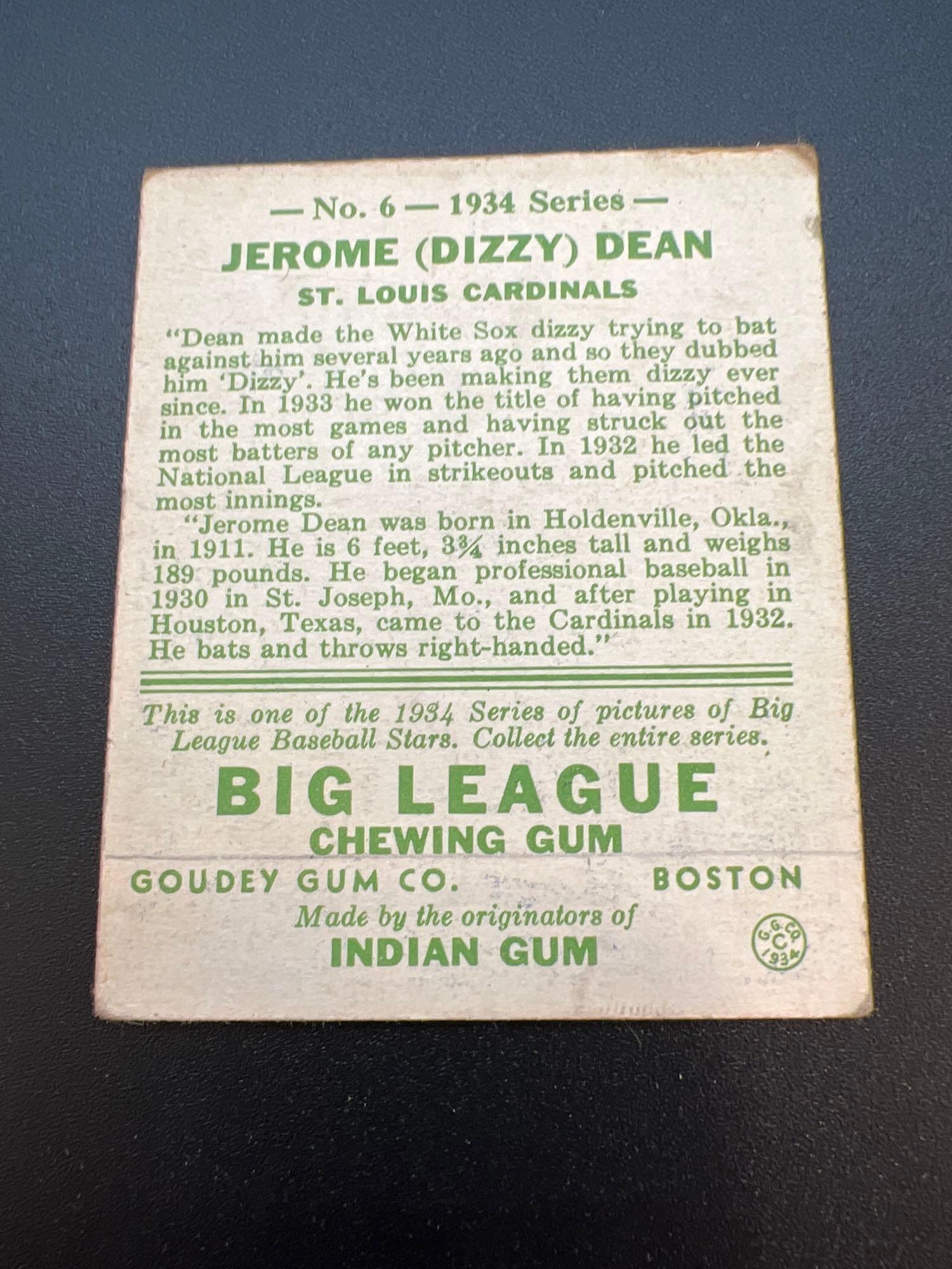 1934 Goudey Dizzy Dean No. 6 Baseball Card