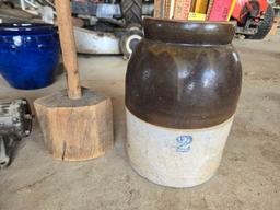 Meat grinder, 2gal crock, stomper, yard sticks
