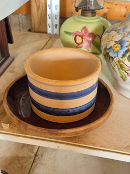Small Crock, Decorative Pitcher, & Handpainted Oil Lamp