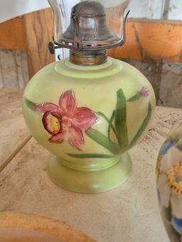 Small Crock, Decorative Pitcher, & Handpainted Oil Lamp
