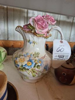 Small Crock, Decorative Pitcher, & Handpainted Oil Lamp