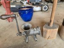 Meat grinder, 2gal crock, stomper, yard sticks