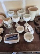 Assortment of White Glass Stem Vases & Other Glassware