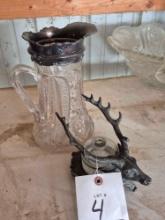 Elk Head Ink Well & Silver Plated Glass Pitcher
