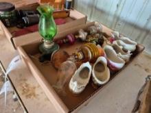 Box of Miniature Oil Lamps & Glass Shoe Dishes