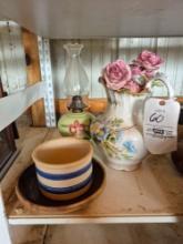 Small Crock, Decorative Pitcher, & Handpainted Oil Lamp
