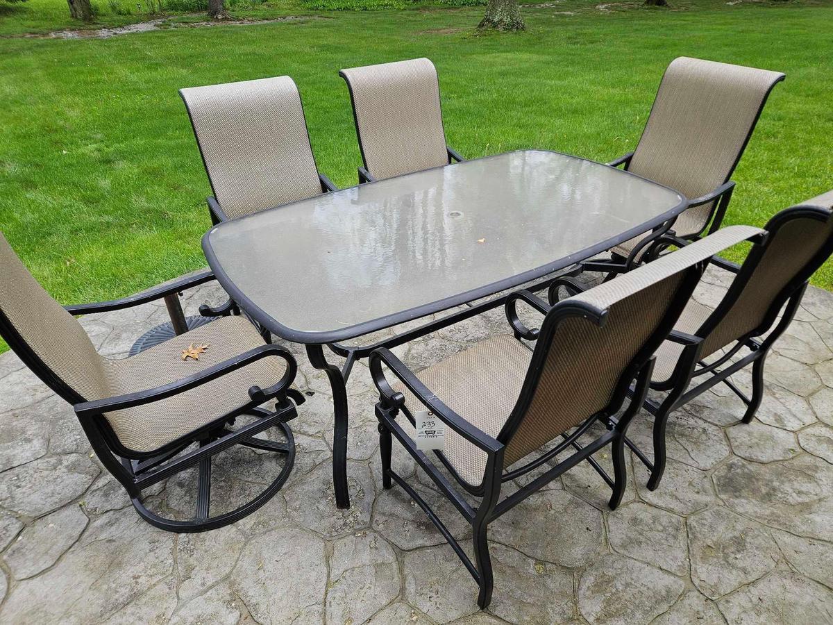 Patio table with 6 chairs and umbrella with stand