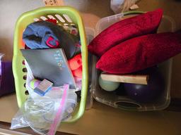 Totes, laundry basket, hats, throw pillows