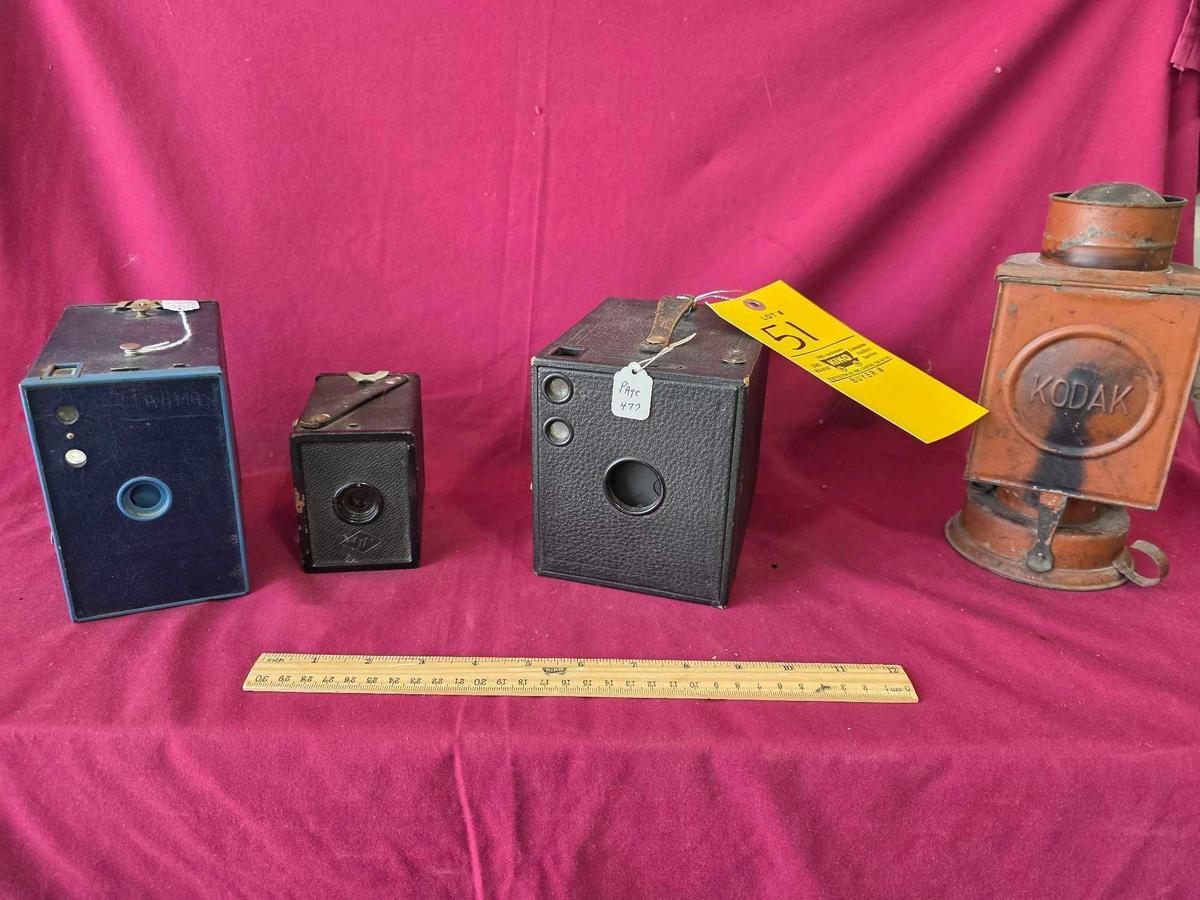 (3) Vintage Cameras Brownie, Kodak, A-8 Cadet, Kodak Lantern