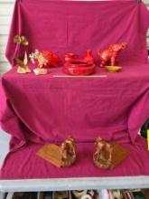 Italy Pottery Elephant, Hedgehog, Wood Bookends, Rock Art