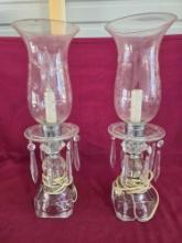 Matching Pr Vintage Crystal Boudior Table Lamps W/ Prisms & Etched Globes