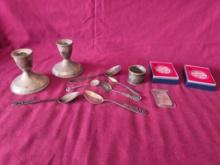 Sterling Silver (3)1 Oz Bars, Spoons, Napkin Ring, Weighted Candleholders