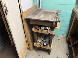 Cabinet, side table and contents - piping, hardware,