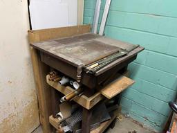 Cabinet, side table and contents - piping, hardware,