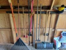 Shovels, rakes, hoes, splitting axe, tree trimmer
