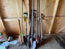 Shovels, pick axe, sledge hammer, post hole digger